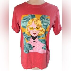 Pink Graphic retro style T-Shirt women w/glasses & tropics ribbed hem Size S/M